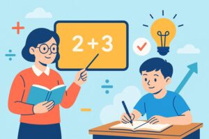 A colourful flat-design illustration showing a tutor teaching a young student. The tutor points at a math equation on a yellow board while the student writes in a notebook. Bright icons like a lightbulb, checkmark, and math symbols surround them, creating an engaging learning atmosphere