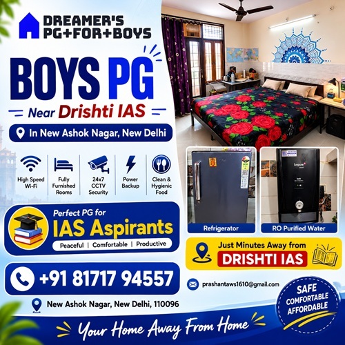 Boys PG near Drishti IAS in New Ashok Nagar
